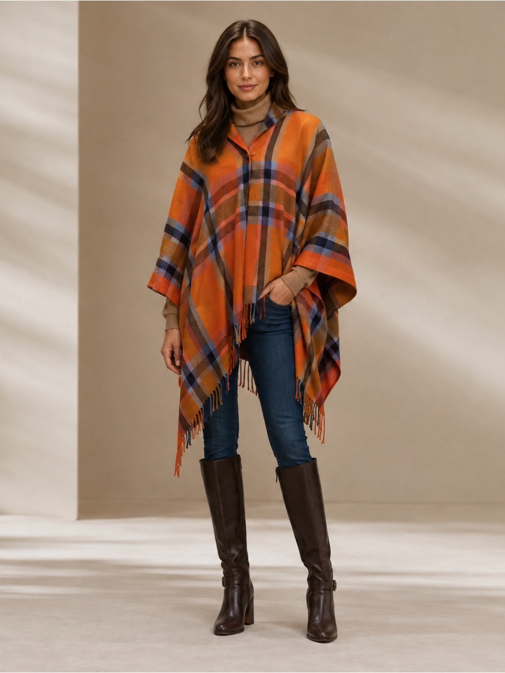 LAUREN Ralph Lauren Plaid Fringe-Trim Twill Poncho (Orange/Blue Multi) Women' XL